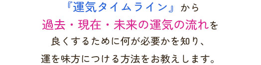 『運気タイムライン』から過去・現在・未来の運気の流れを良くするために何が必要かを知り、運を味方につける方法をお教えします。